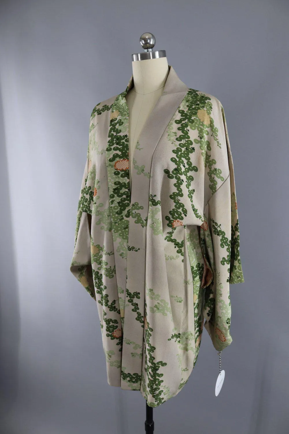 Vintage Silk Kimono Cardigan / Taupe Green Floral