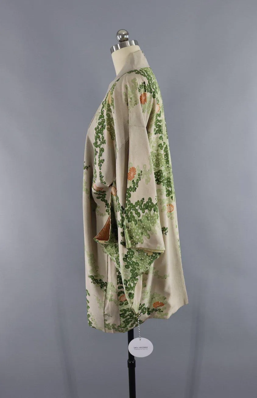 Vintage Silk Kimono Cardigan / Taupe Green Floral
