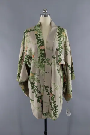 Vintage Silk Kimono Cardigan / Taupe Green Floral