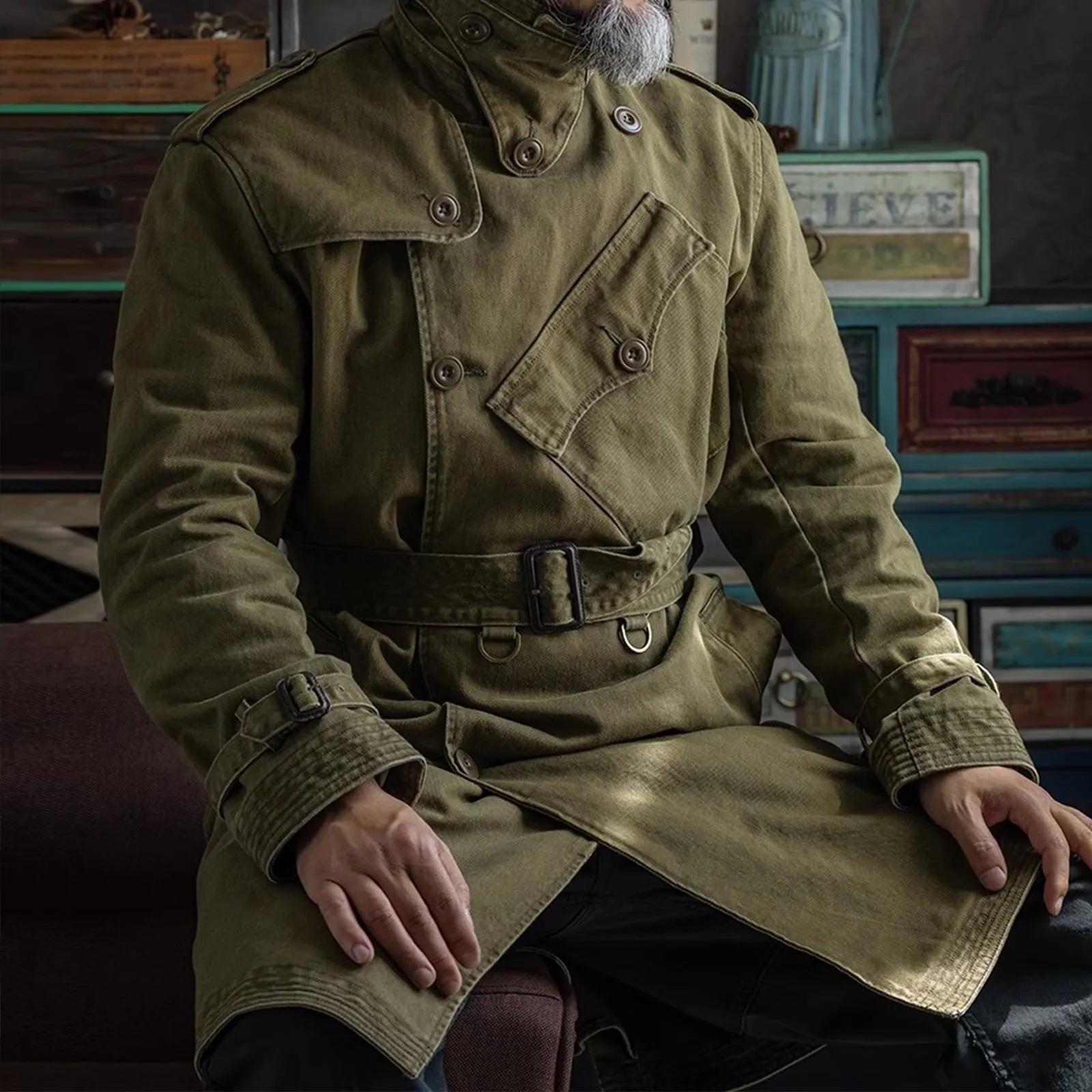 Vintage World War II British Army Trench Trench Coat Long Jacket