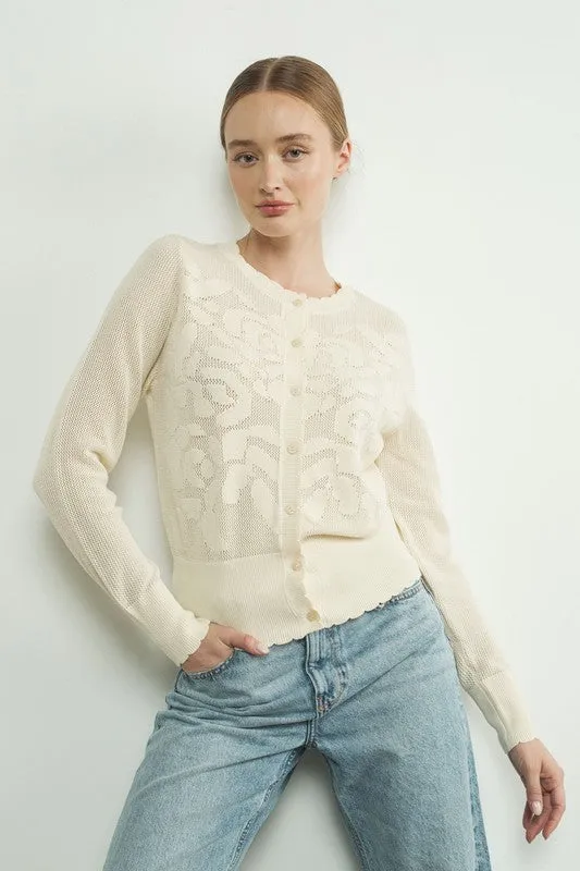 Waitlist 11/5 ♥ Carolyn Long Sleeve Sheer Flower Netted Cardigan Cream