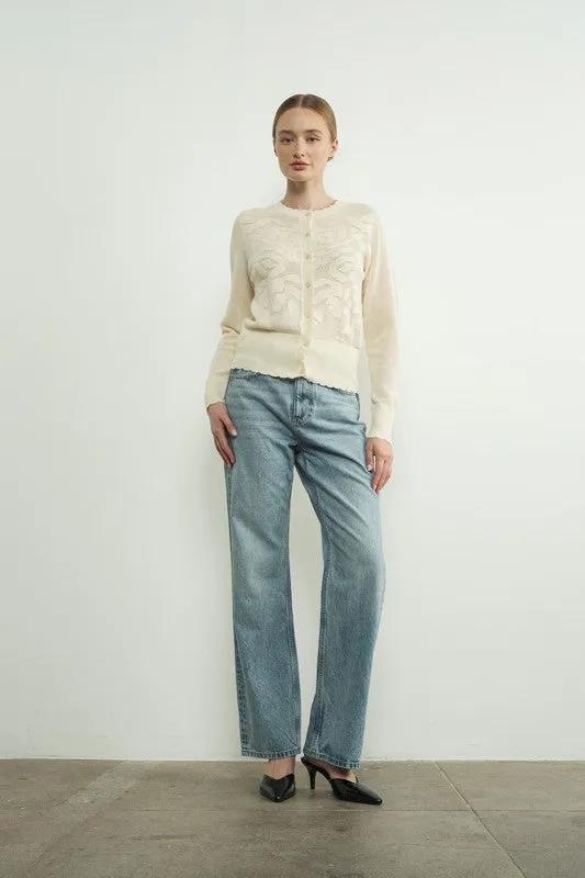 Waitlist 11/5 ♥ Carolyn Long Sleeve Sheer Flower Netted Cardigan Cream