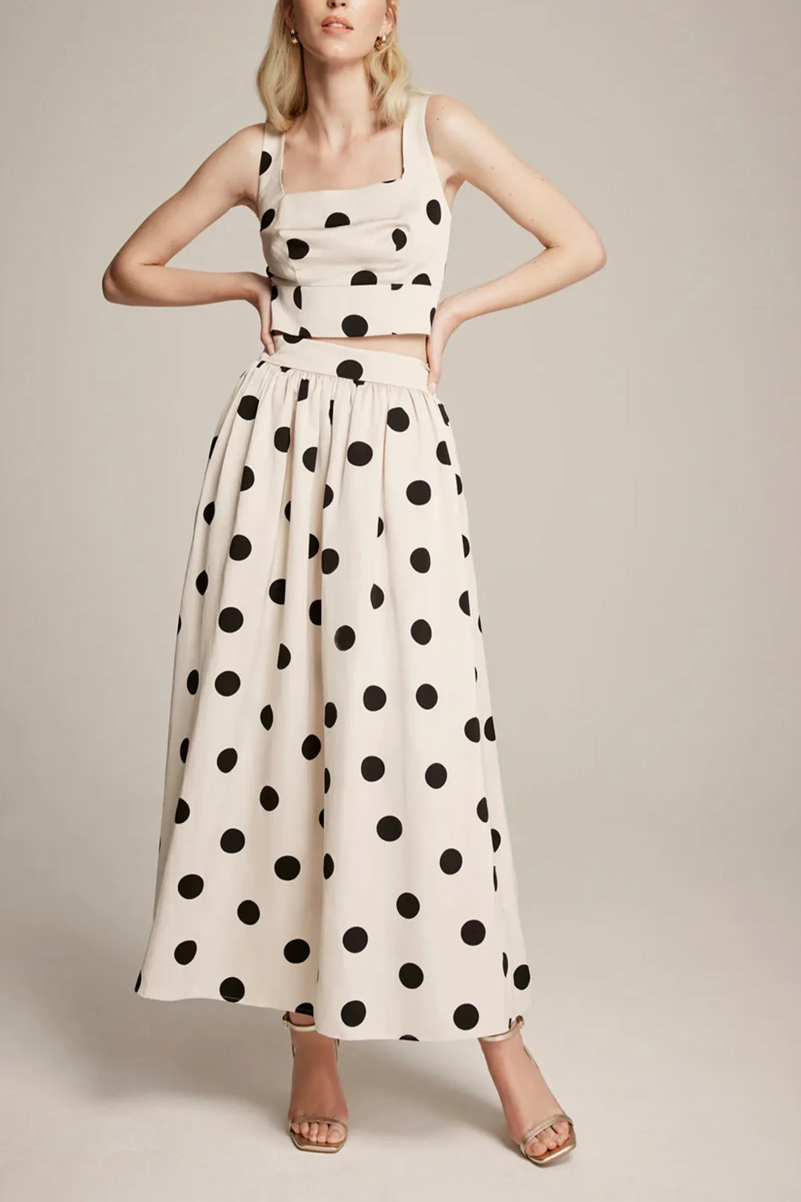 White Polka Dot Structured Top & White Polka Dot Maxi Skirt