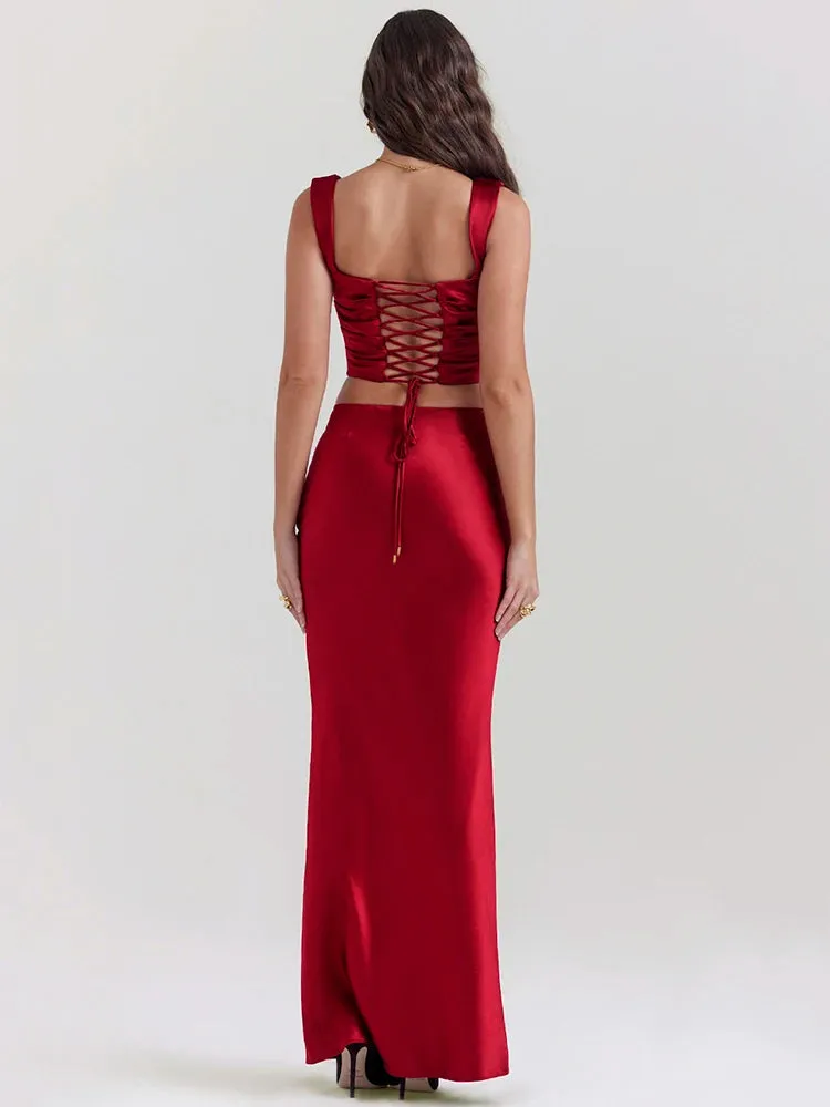 Wine Satin Corset Top & Maxi Skirt Two Piece Set